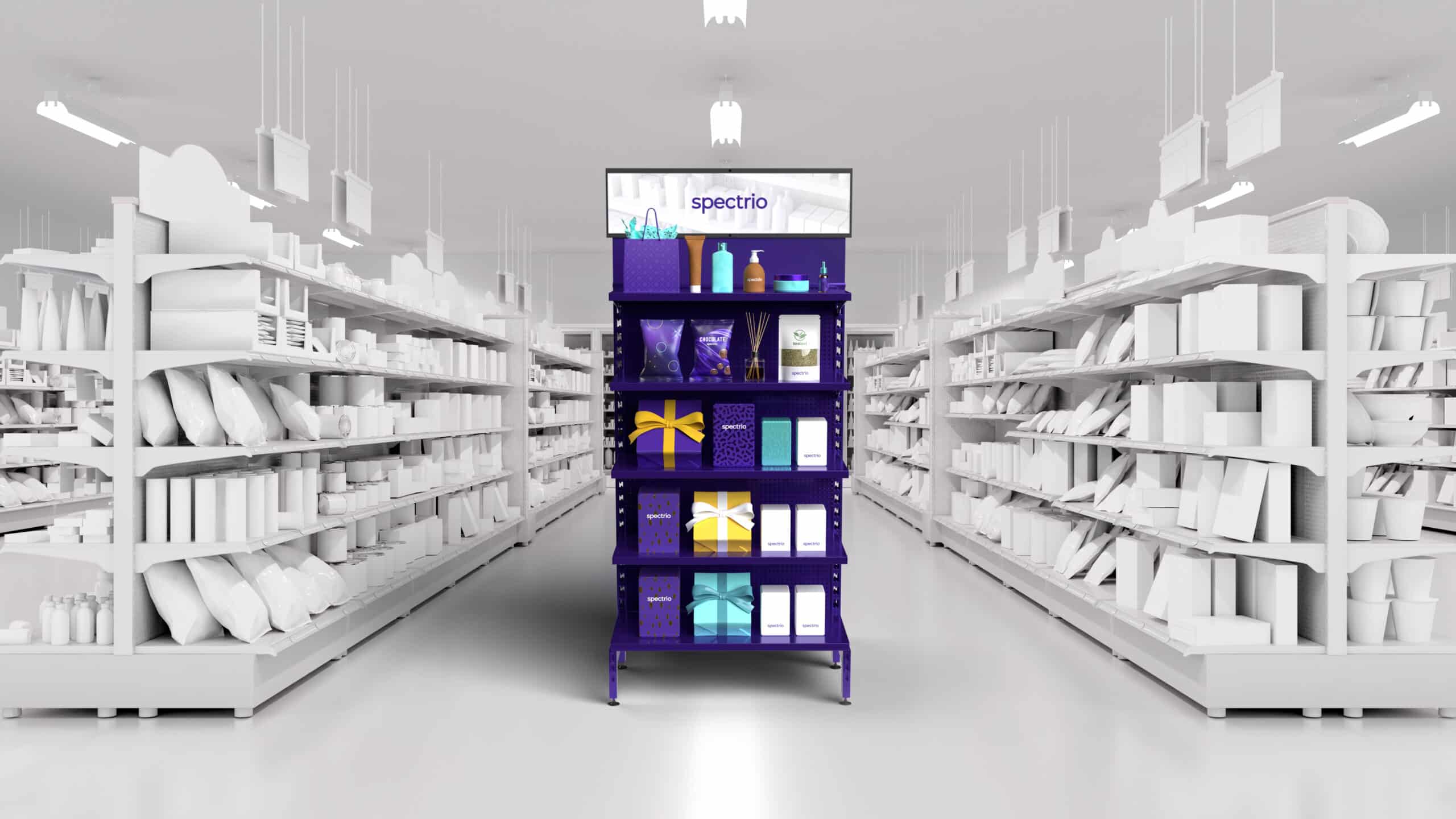 Purple Spectrio branded endcap in a store with the background and rest of the store being a solid white color