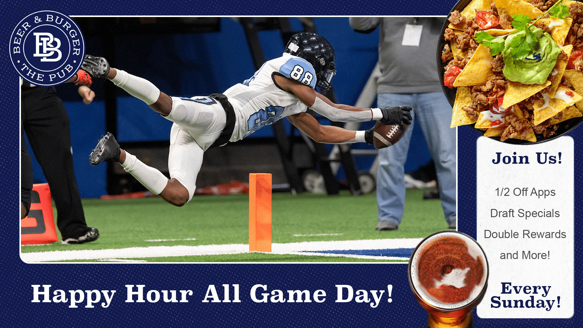 football game going on with adds and specials on the border