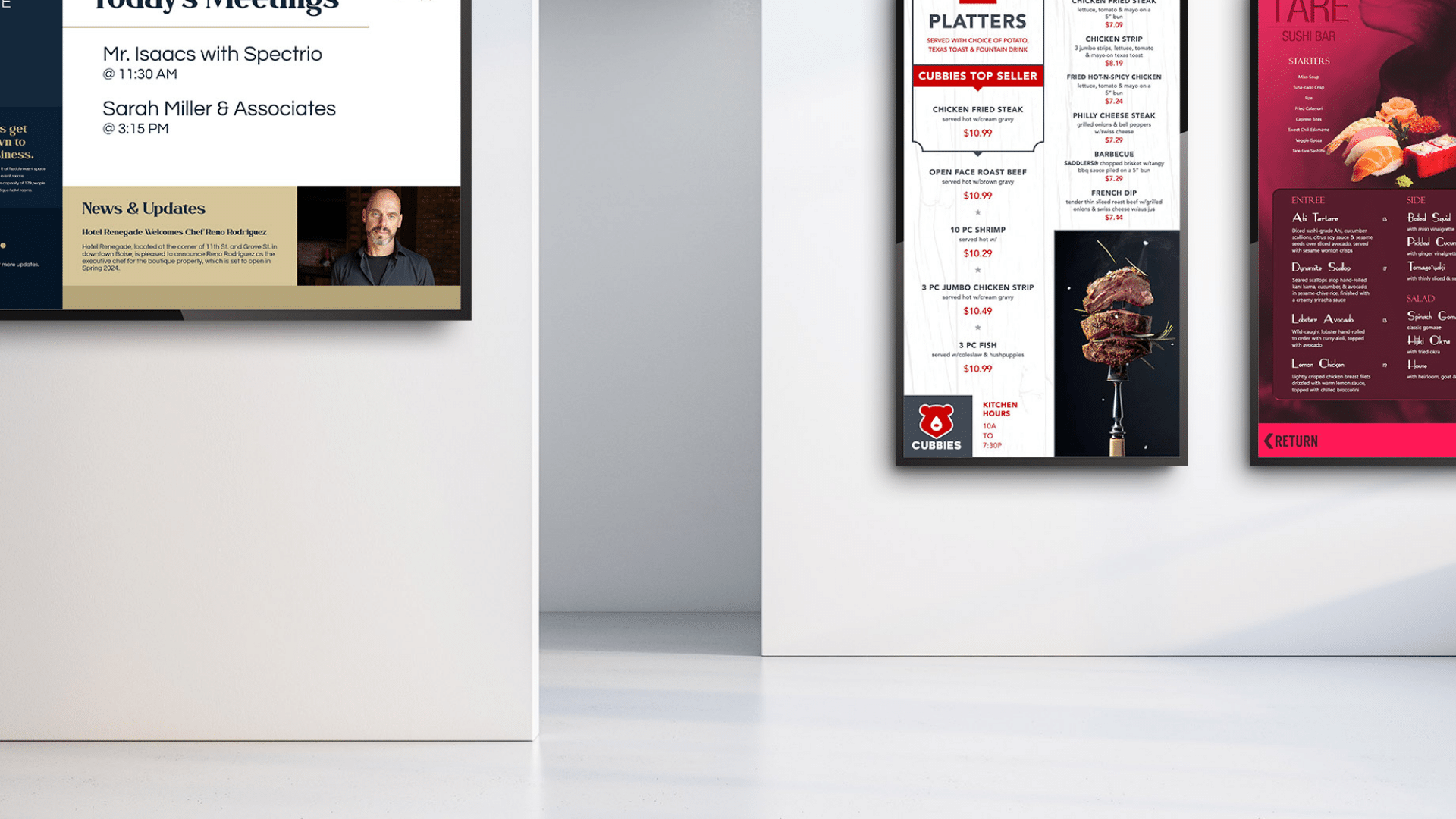 A few digital signs hanging in the interior of a building