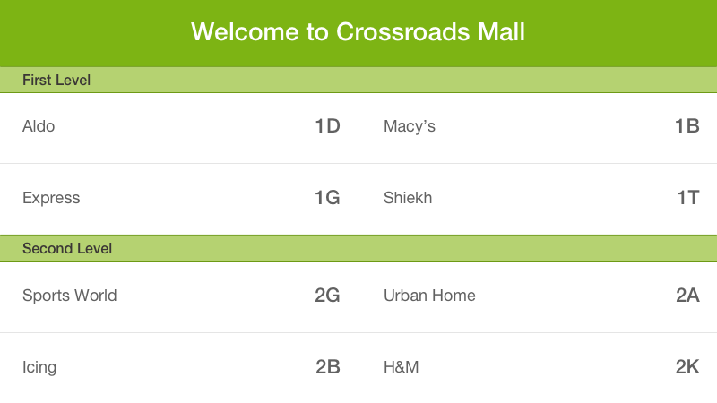 A table showing the shops at Crossroad Mall in the USA