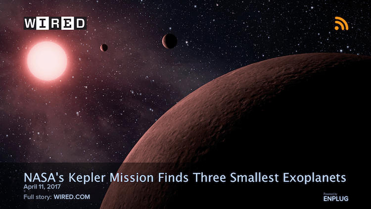 Enplug digital signage news app with fullscreen image and headline text showing an article on NASA's exoplanet discovery