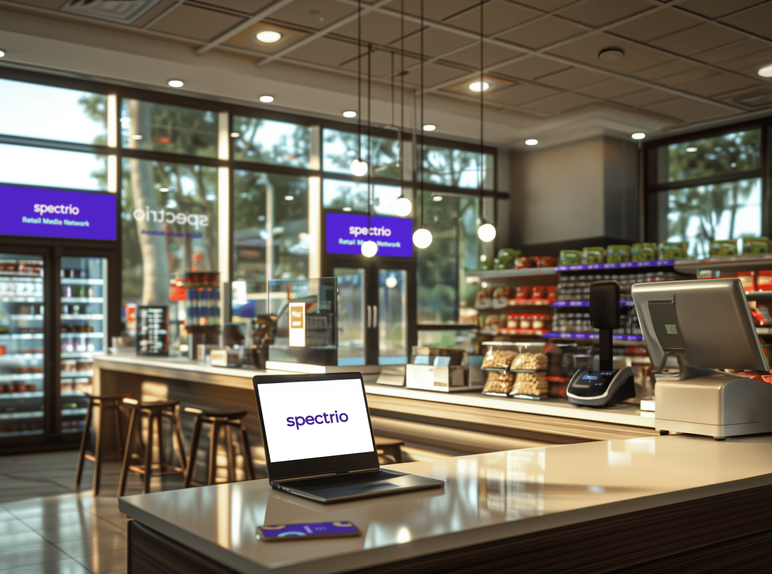 Interior of small department store with Spectrio branded shelving and displays for Retail Media Network